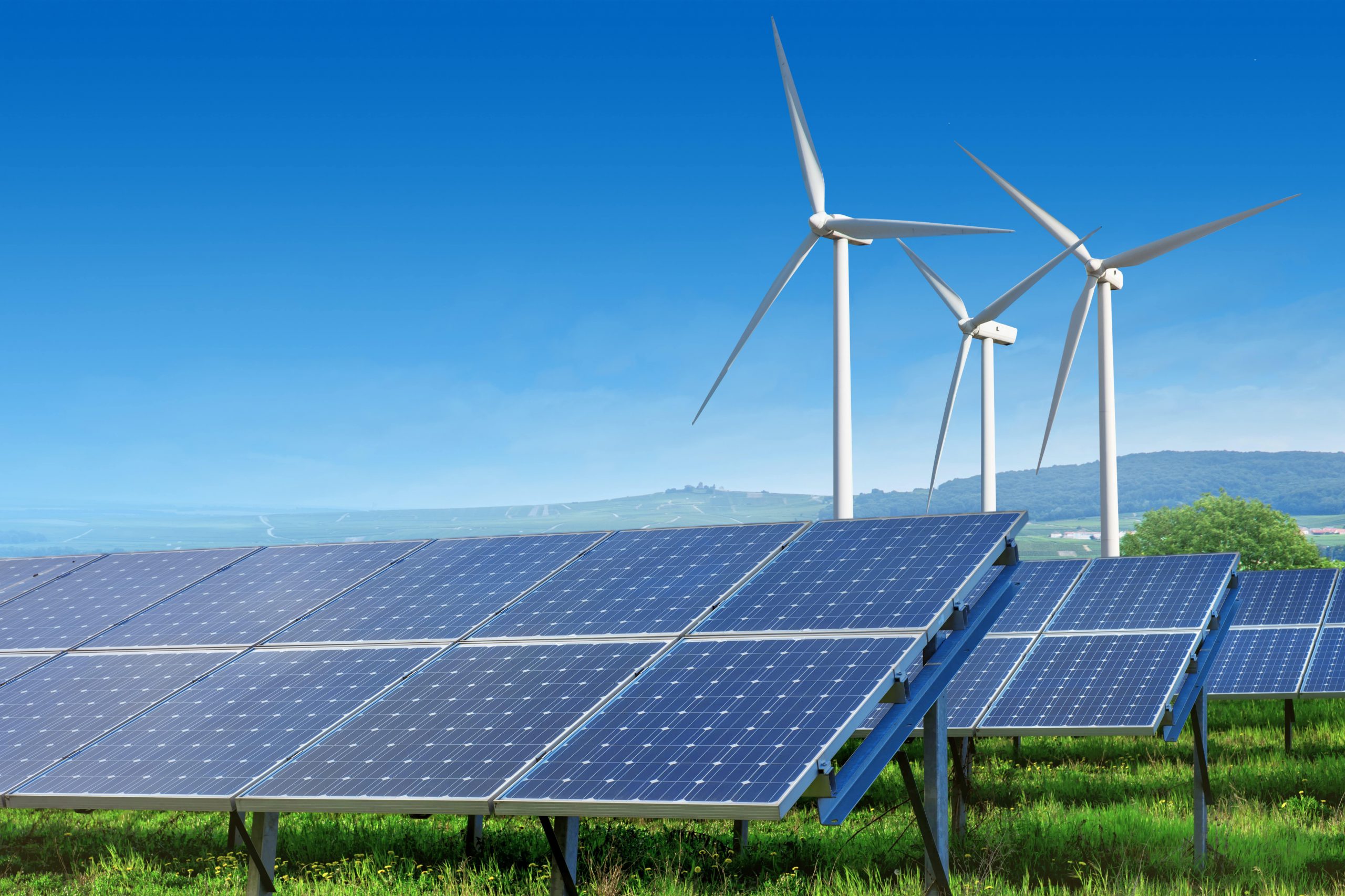 Solar panels and wind turbines in field.