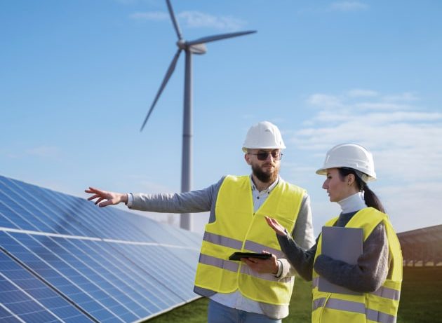 Two workers inspecting solar panels at a wind farm.