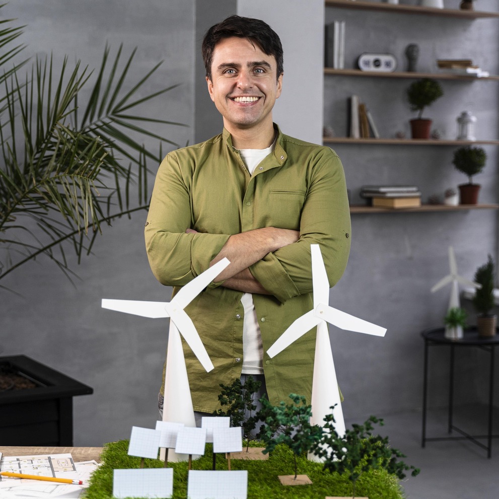 Man smiling with model wind turbines.