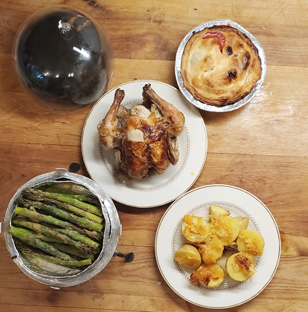 Roasted chicken, asparagus, potatoes and pie.