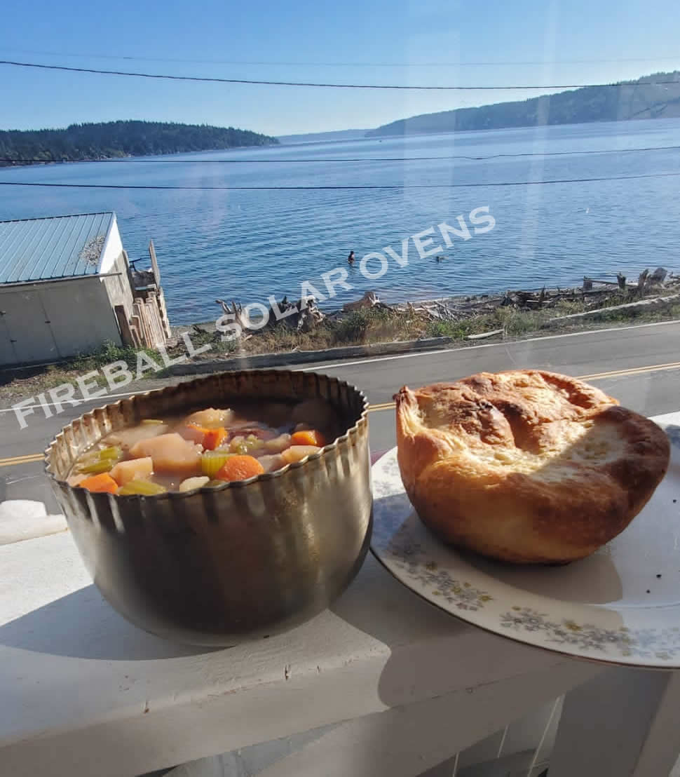 Soup and bread baked in a solar oven.